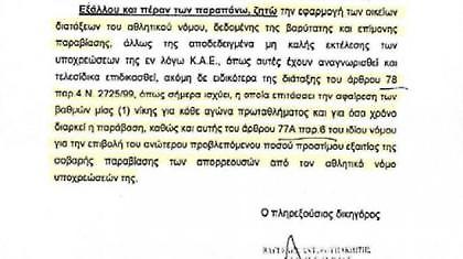 Το έγγραφο Ιωαννίδη που ζητά τον μηδενισμό του Ολυμπιακού