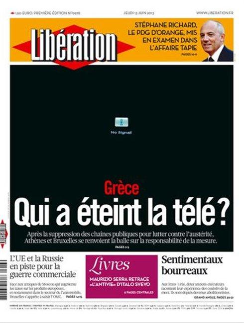 «Μαύρο» πρωτοσέλιδο λόγω ΕΡΤ σε Liberation και L'Humanite