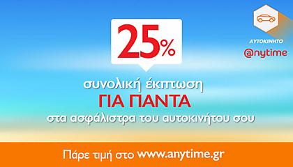 Μοναδική προσφορά από την Anytime: Έκπτωση 25% στα ασφάλιστρά αυτοκινήτου!
