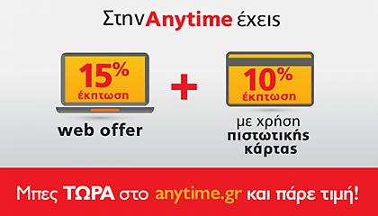 Anytime:15% έκπτωση για νέα ασφάλιση αυτοκινήτου + 10% έκπτωση με πιστωτική =25% έκπτωση ασφαλίστρων