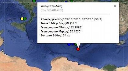 Σεισμική δόνηση 4,3 Ρίχτερ νότια του Ηρακλείου