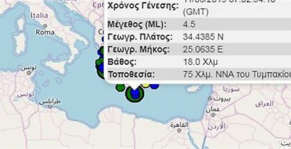 Σεισμική δόνηση 4,5 βαθμών της κλίμακας Ρίχτερ στο θαλάσσιο χώρο του Τυμπακίου