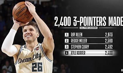 Τέταρτος στην ιστορία με 2.400 τρίποντα ο Κόρβερ (video)