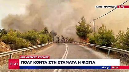 Μαίνεται η πυρκαγιά στη λίμνη Μαραθώνα, κοντά στα πρώτα σπίτια στη Σταμάτα