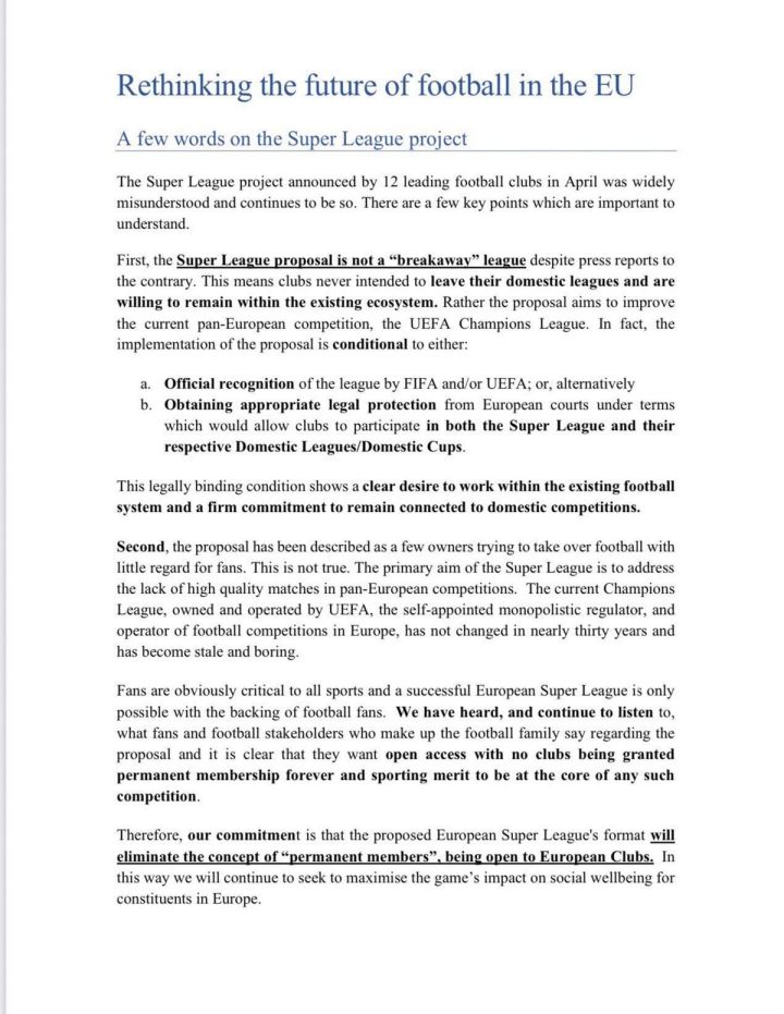 European Super League: Επιστολή στην Ευρωπαϊκή Ένωση