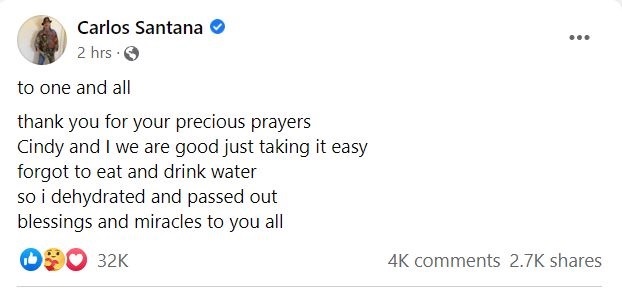 Κάρλος Σαντάνα: «Ξέχασα να φάω και να πιω νερό»