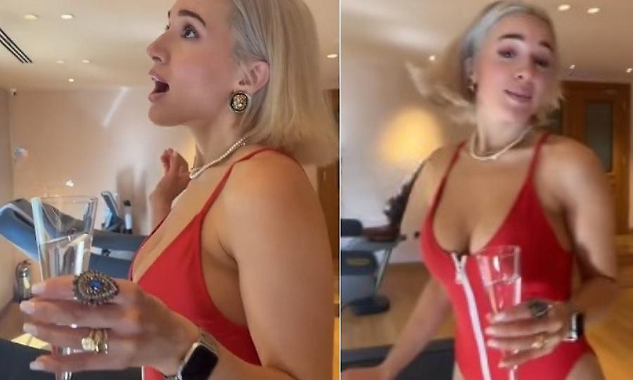 Η Καλομοίρα γυμνάζεται με κόκκινο μαγιό και σαμπάνια