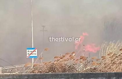 Μεγάλη φωτιά έξω από τη Θεσσαλονίκη - Πνέουν ισχυροί άνεμοι