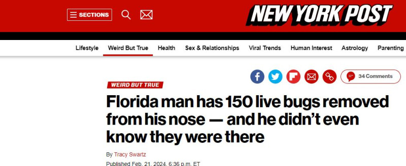 Φλόριντα: Γιατροί αφαίρεσαν από τη μύτη ενός άνδρα 150 ζωντανά σκουλήκια!