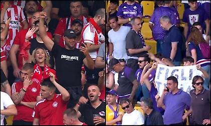 Χαμογελαστοί οι φίλοι Ολυμπιακού και Φιορεντίνα στις κερκίδες της OPAP Arena