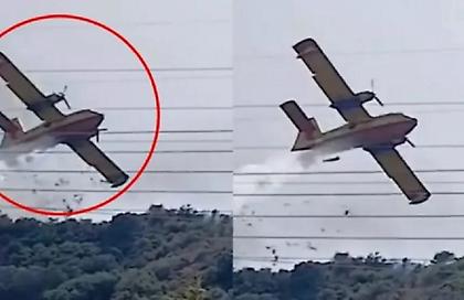 Η στιγμή που Canadair ακουμπάει σε δέντρο καθώς επιχειρεί στη φωτιά στη Ναυπακτία