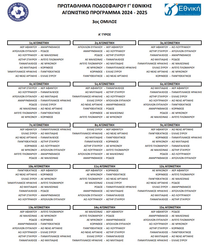 Γ' Εθνική: Το πλήρες πρόγραμμα των τεσσάρων ομίλων για τη σεζόν 2024-25