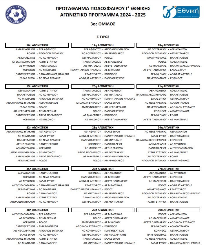 Γ' Εθνική: Το πλήρες πρόγραμμα των τεσσάρων ομίλων για τη σεζόν 2024-25