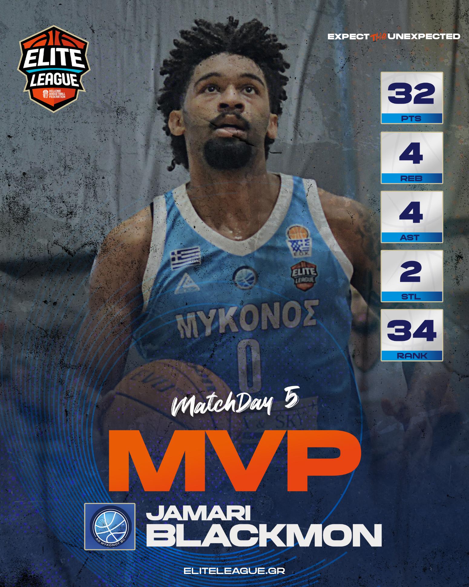 Elite League: Ο Μπλάκμον MVP της πέμπτης αγωνιστικής