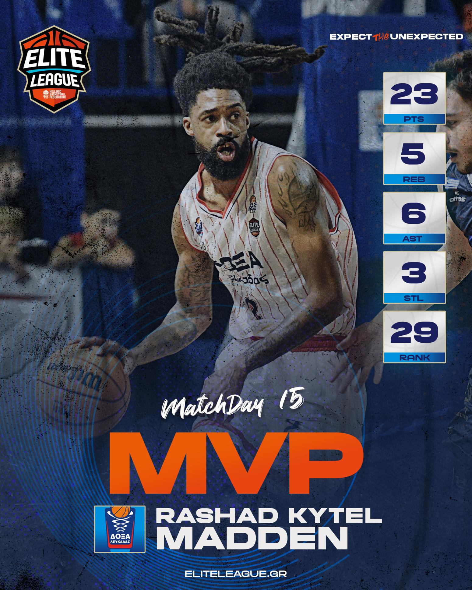 Elite League: MVP της 15ης αγωνιστικής ο Μάντεν