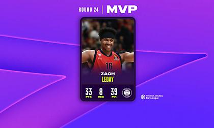MVP της 24ης αγωνιστικής της Ευρωλίγκας ο Ζακ ΛεΝτέι