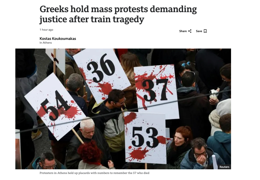 Τέμπη: Διεθνή ΜΜΕ καλύπτουν τις μαζικές διαδηλώσεις στην Ελλάδα