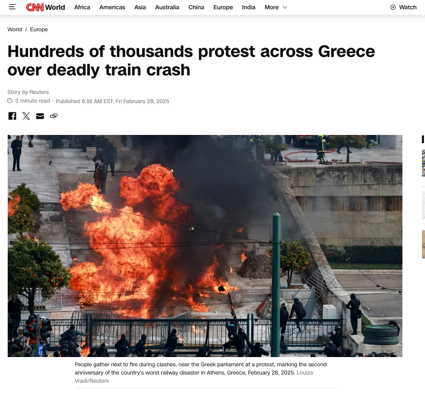 Τέμπη: Διεθνή ΜΜΕ καλύπτουν τις μαζικές διαδηλώσεις στην Ελλάδα