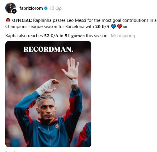 Ραφίνια: Ξεπέρασε τον Μέσι στις συμμετοχές σε γκολ στο Champions League με τη Μπαρτσελόνα