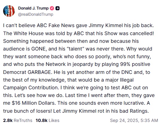 Ο Τραμπ απειλεί το ABC για την επιστροφή του Κίμελ