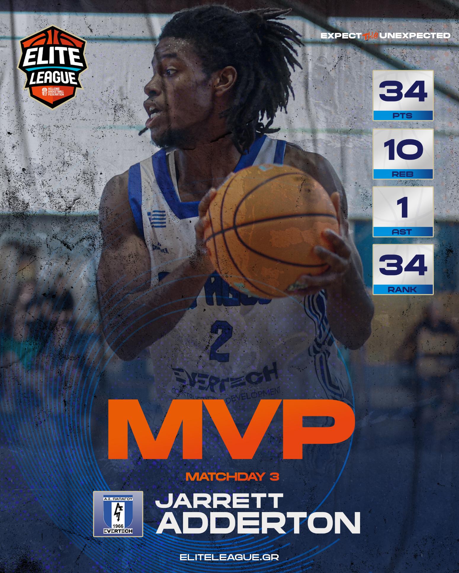 Elite League: MVP της 3ης αγωνιστικής ο Άντερτον, MVP Next Gen ο Χαντζής