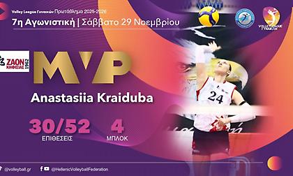 Πολυτιμότερη της έβδομης αγωνιστικής της Volley League γυναικών η Κραϊντούμπα