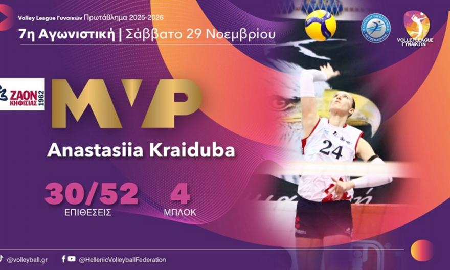 Πολυτιμότερη της έβδομης αγωνιστικής της Volley League γυναικών η Κραϊντούμπα