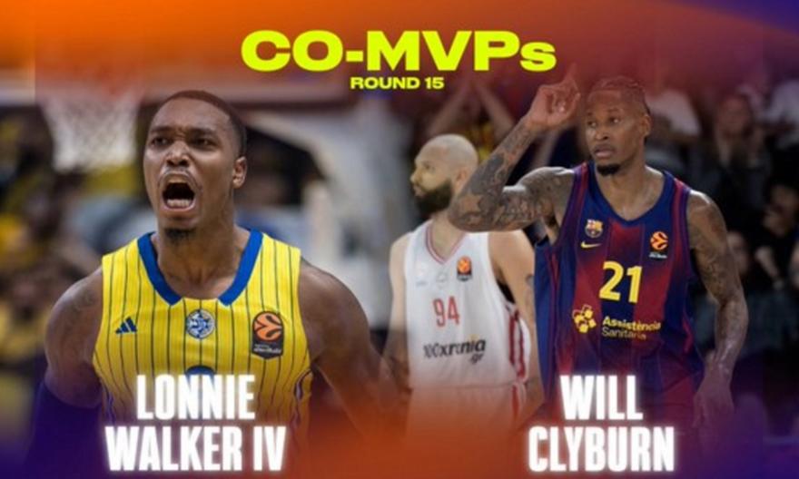 Ευρωλίγκα: MVP της 15ης αγωνιστικής οι Κλάιμπερν και Γουόκερ