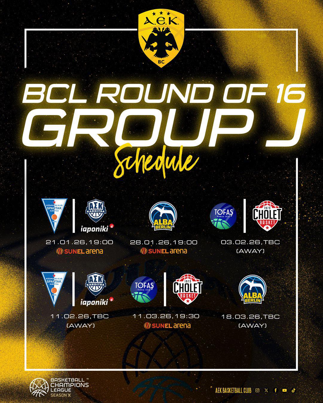 ΑΕΚ: Το πρόγραμμα στη φάση των «16» του BCL