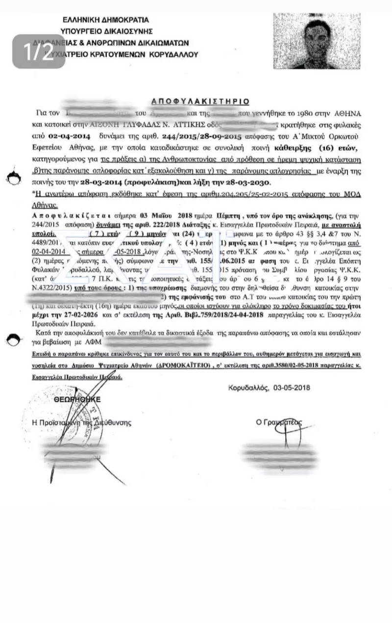 Πώς βγήκε από τη φυλακή ο πατροκτόνος της Γλυφάδας - Το επίσημο έγγραφο αποφυλάκισης