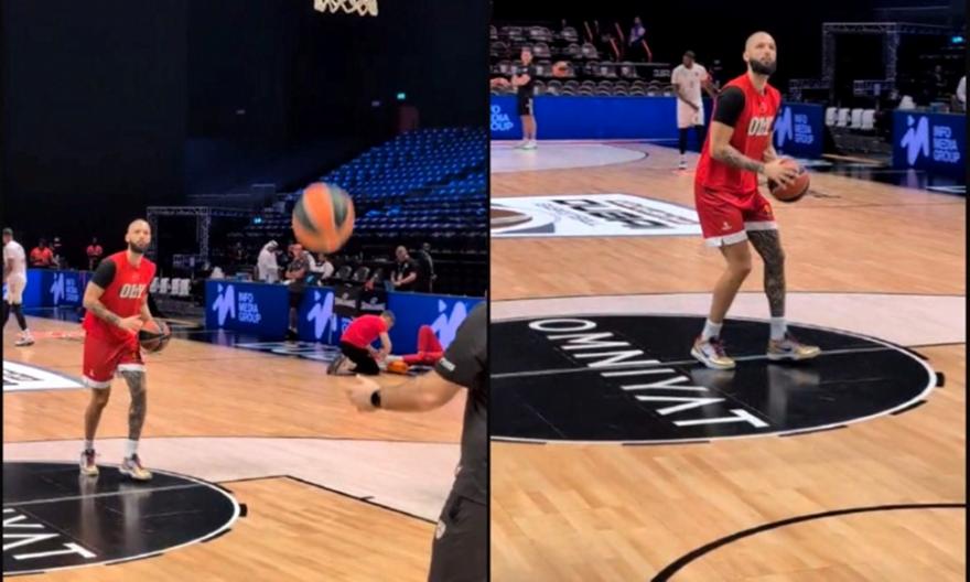 Ζεσταίνει το χέρι του ο Φουρνιέ πριν τη μάχη του Ολυμπιακού με την Dubai BC