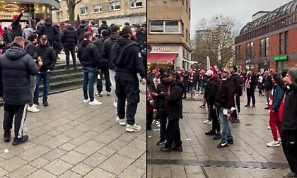 Ερυθρόλευκη κοσμοσυρροή και χαμός από συνθήματα στην κεντρική πλατεία του Λεβερκούζεν!