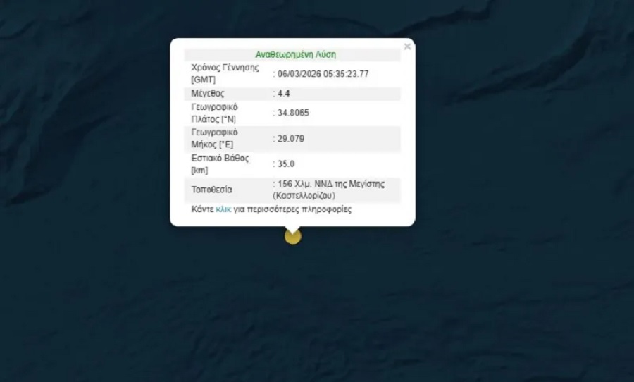 Σεισμός 4,4 Ρίχτερ στο Καστελλόριζο