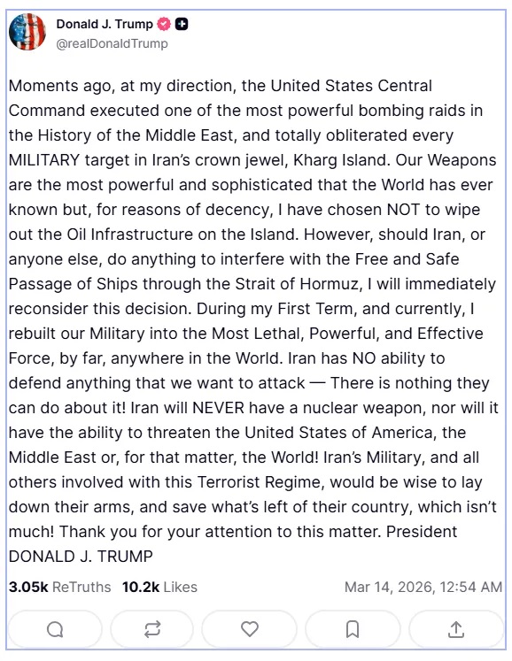 Τραμπ: «Εξαφανίσαμε κάθε στρατιωτικό στόχο στο νησί Χαργκ»