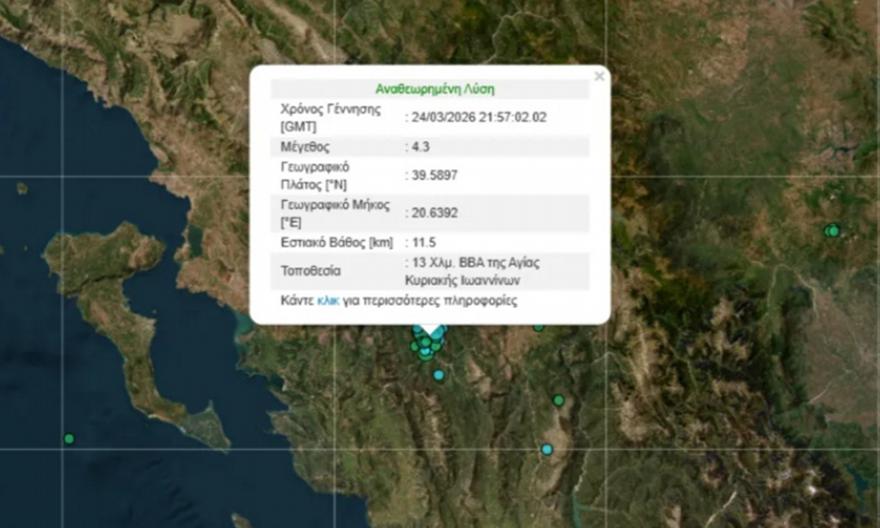 Σεισμός 4,3 βαθμών της κλίμακας Ρίχτερ κοντά στην Αγία Κυριακή Ιωαννίνων