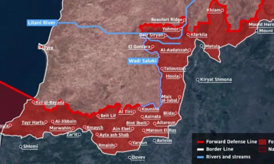 Ο ισραηλινός στρατός δημοσίευσε χάρτη της περιοχής του νότιου Λιβάνου που βρίσκεται υπό τον έλεγχό του