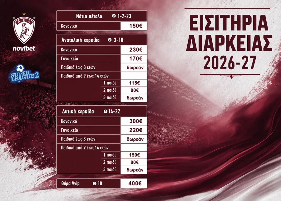 Τα διαρκείας της ΑΕΛ Novibet - Ίδιες τιμές στο πέταλο, μειωμένες στις υπόλοιπες θύρες
