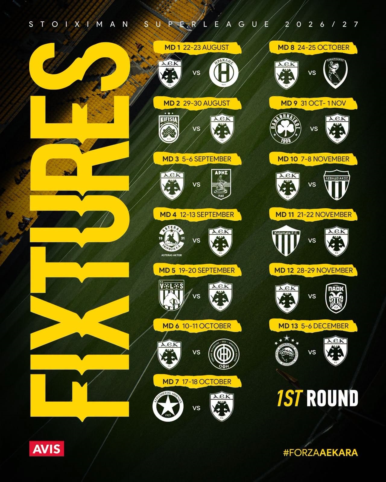 ΑΕΚ: Το αναλυτικό πρόγραμμα στη Stoiximan Super League